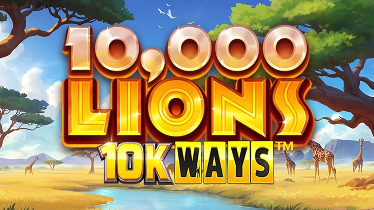 Cena vibrante do jogo 10,000 Lions 10K Ways com leões e savana