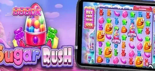 Interface colorida e vibrante do slot Sugar Rush com doces e grade 7x7